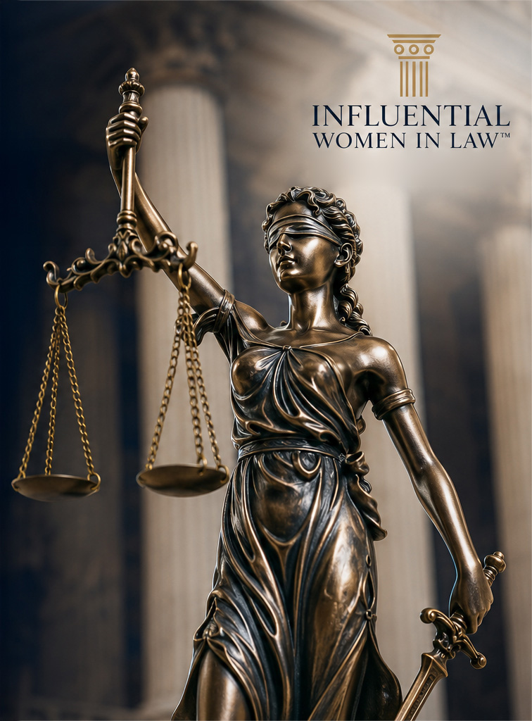 Bronze statue of Lady Justice holding scales before a courthouse colonnade, beneath the Influential Women in Law emblem